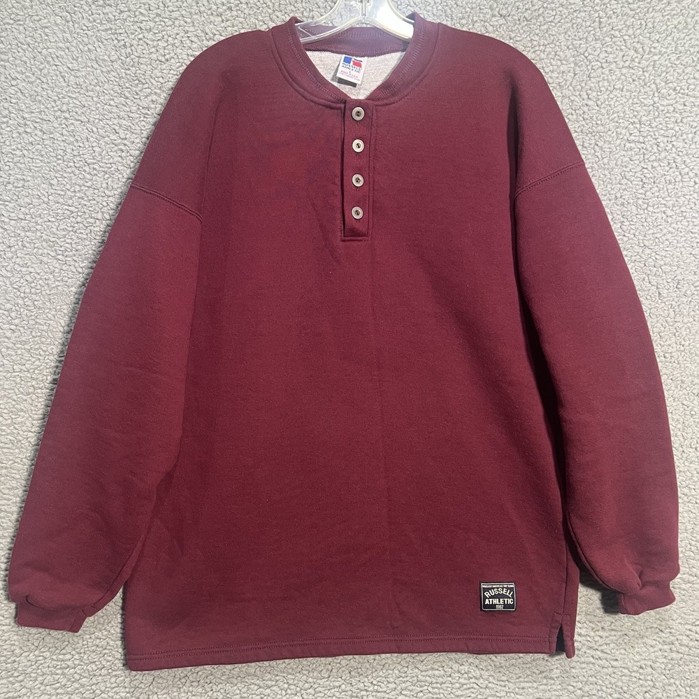 VTG Russell Athletic Sweatshirt Mens XL Burgundy Henley 90s Grandpacore USA Made